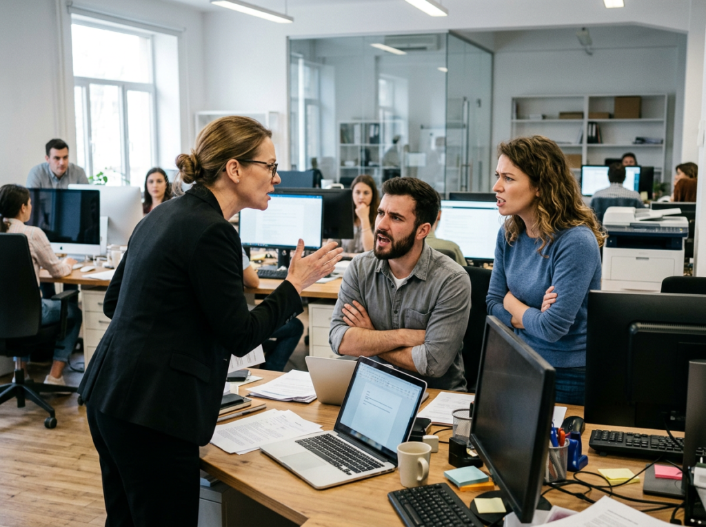 Three coworkers arguing at a desk with computers and papers in an office